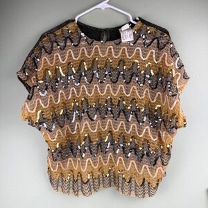 Pearlette Plus Vintage Sequin Chevron Top Gold Black Metallic Blouse Size 40